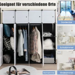 Tragbarer Kleiderschrank mit 16 Würfeln Schlafzimmerkommode mit 2 Kleiderstangen Schwarz