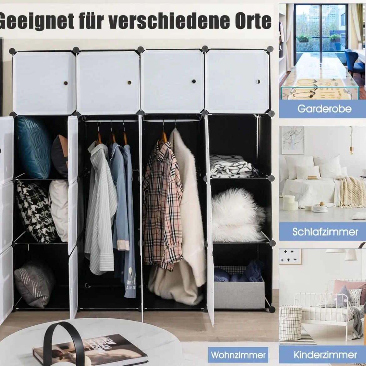 Tragbarer Kleiderschrank mit 16 Würfeln Schlafzimmerkommode mit 2 Kleiderstangen Schwarz