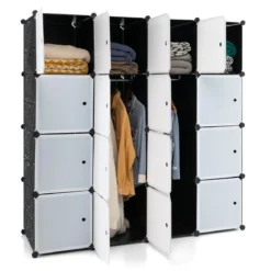 Tragbarer Kleiderschrank mit 16 Würfeln Schlafzimmerkommode mit 2 Kleiderstangen Schwarz