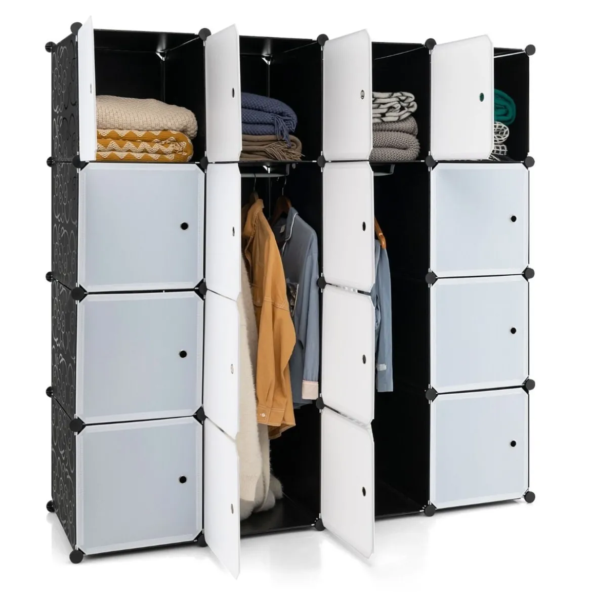 Tragbarer Kleiderschrank mit 16 Würfeln Schlafzimmerkommode mit 2 Kleiderstangen Schwarz