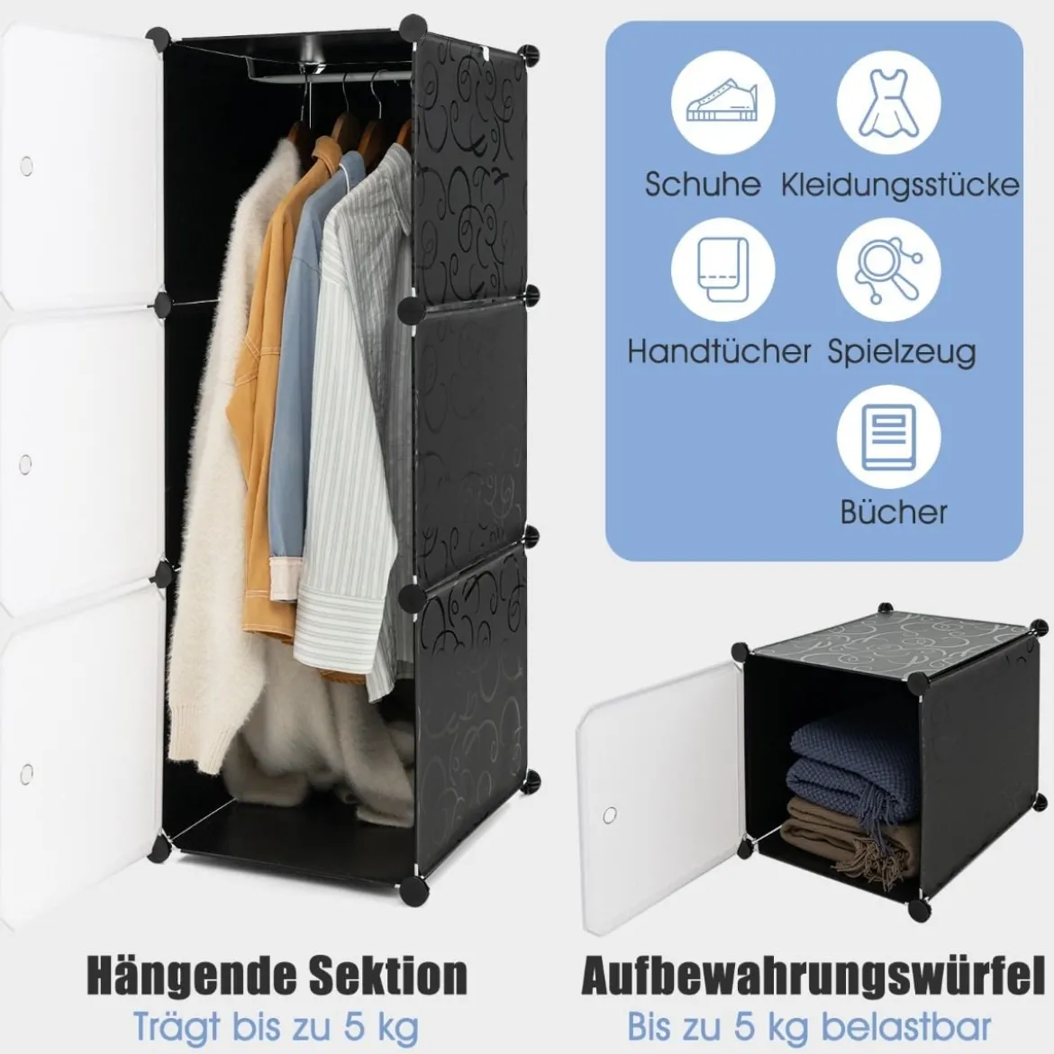 Tragbarer Kleiderschrank mit 16 Würfeln Schlafzimmerkommode mit 2 Kleiderstangen Schwarz