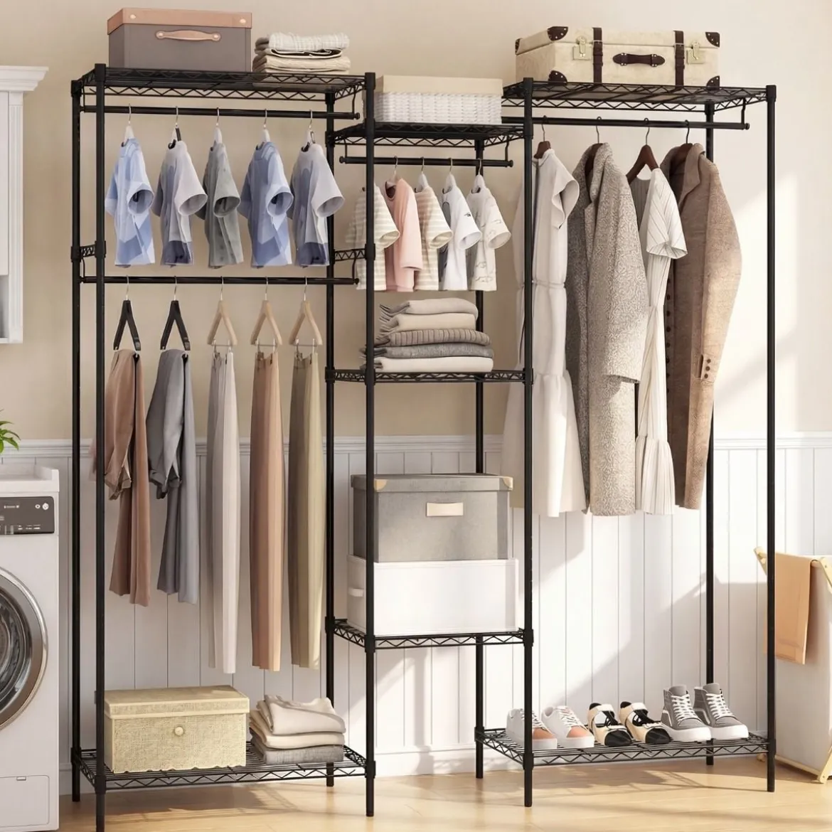 Tragbarer Kleiderschrank wandelbarer Kleiderorganizer mit L-Form & horizontaler Montage Schwarz