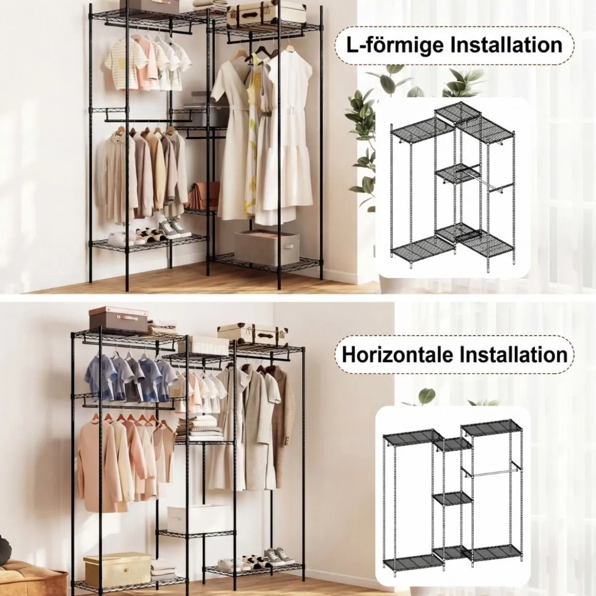 Tragbarer Kleiderschrank wandelbarer Kleiderorganizer mit L-Form & horizontaler Montage Schwarz