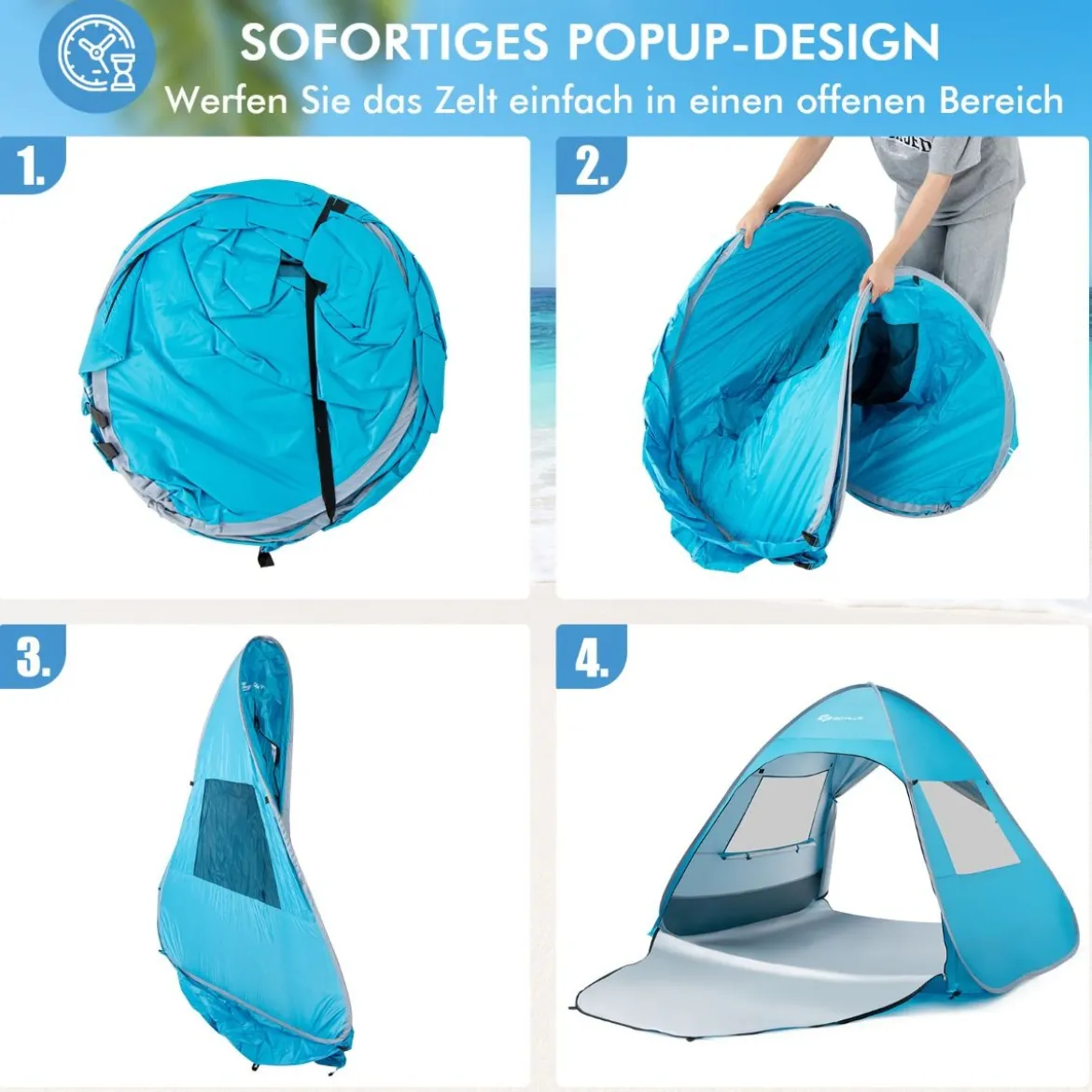 Tragbarer Pop up Strandzelt mit Tragetasche UPF50+ Sonnenschutz für 2-4 Personen Blau