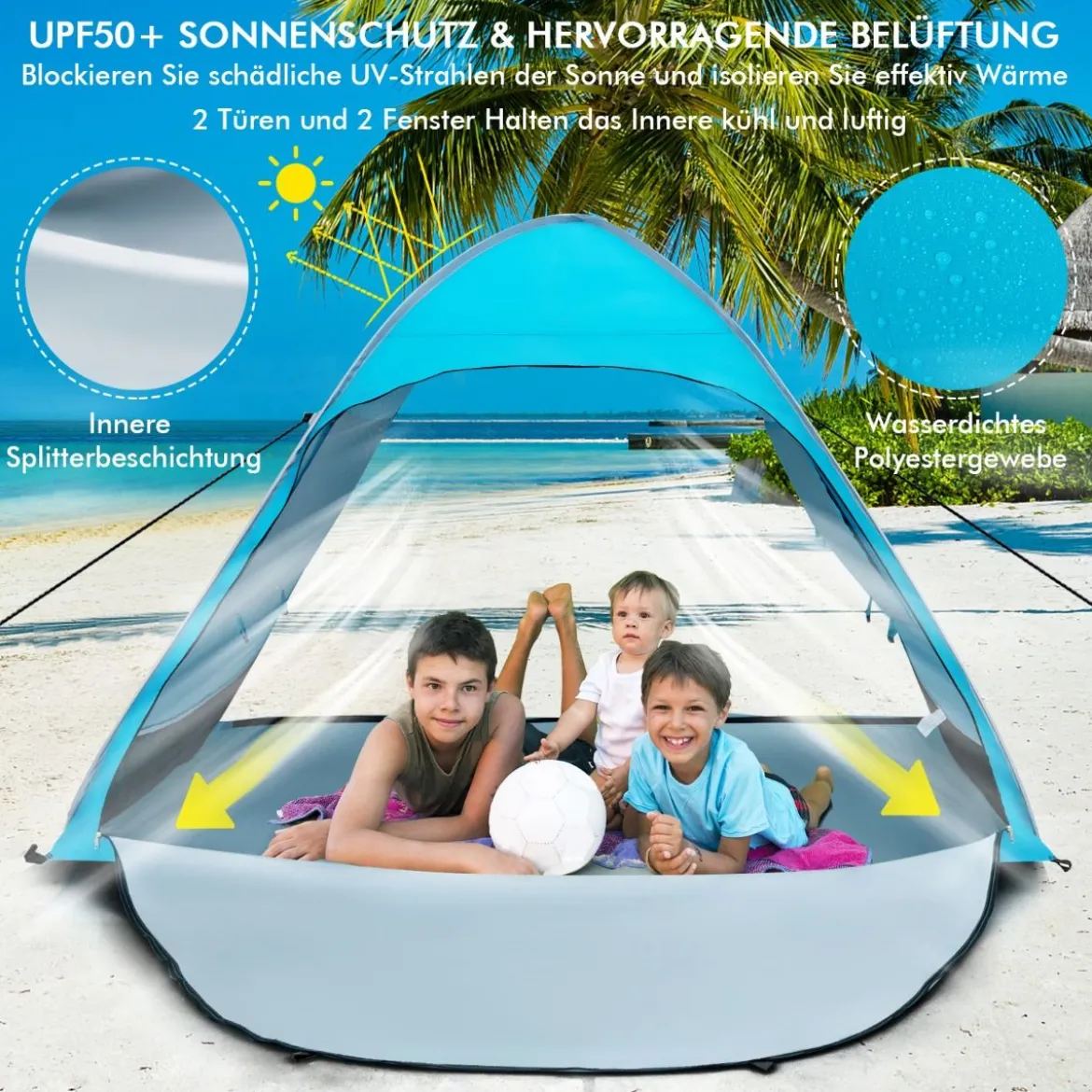 Tragbarer Pop up Strandzelt mit Tragetasche UPF50+ Sonnenschutz für 2-4 Personen Blau