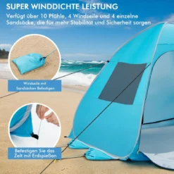 Tragbarer Pop up Strandzelt mit Tragetasche UPF50+ Sonnenschutz für 2-4 Personen Blau