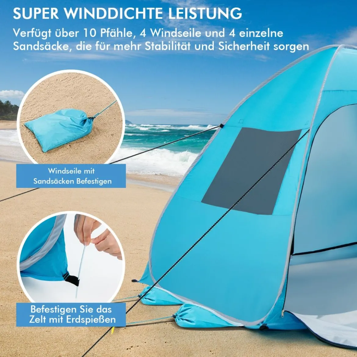 Tragbarer Pop up Strandzelt mit Tragetasche UPF50+ Sonnenschutz für 2-4 Personen Blau