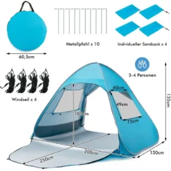Tragbarer Pop up Strandzelt mit Tragetasche UPF50+ Sonnenschutz für 2-4 Personen Blau