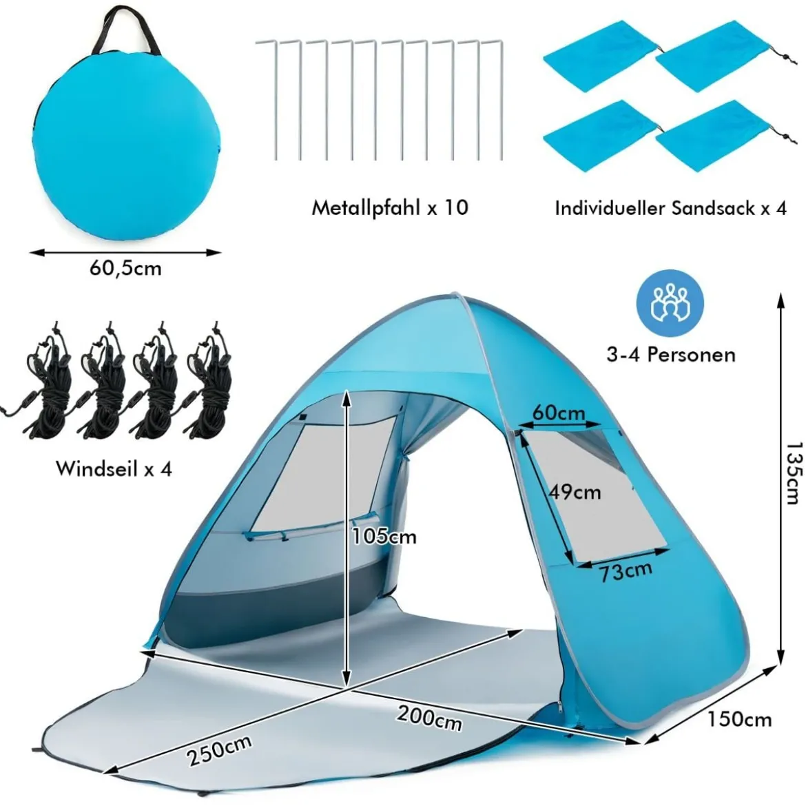 Tragbarer Pop up Strandzelt mit Tragetasche UPF50+ Sonnenschutz für 2-4 Personen Blau