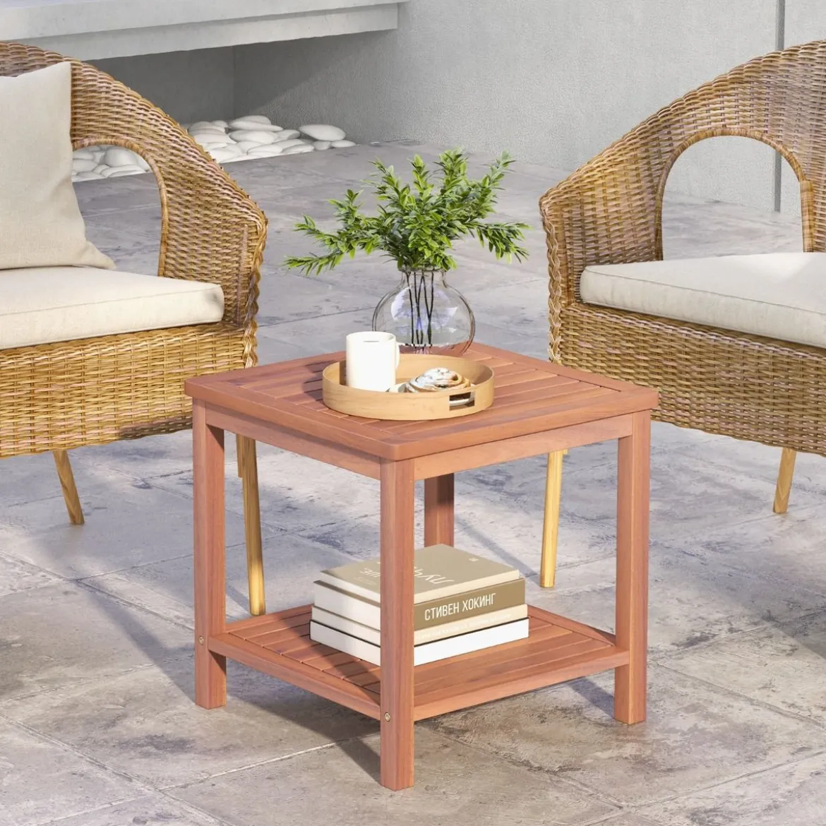Tragbarer Rechteckiger Beistelltisch mit Lamellen-Tischplatte Holzbeistelltisch 45 x 45 x 45 cm