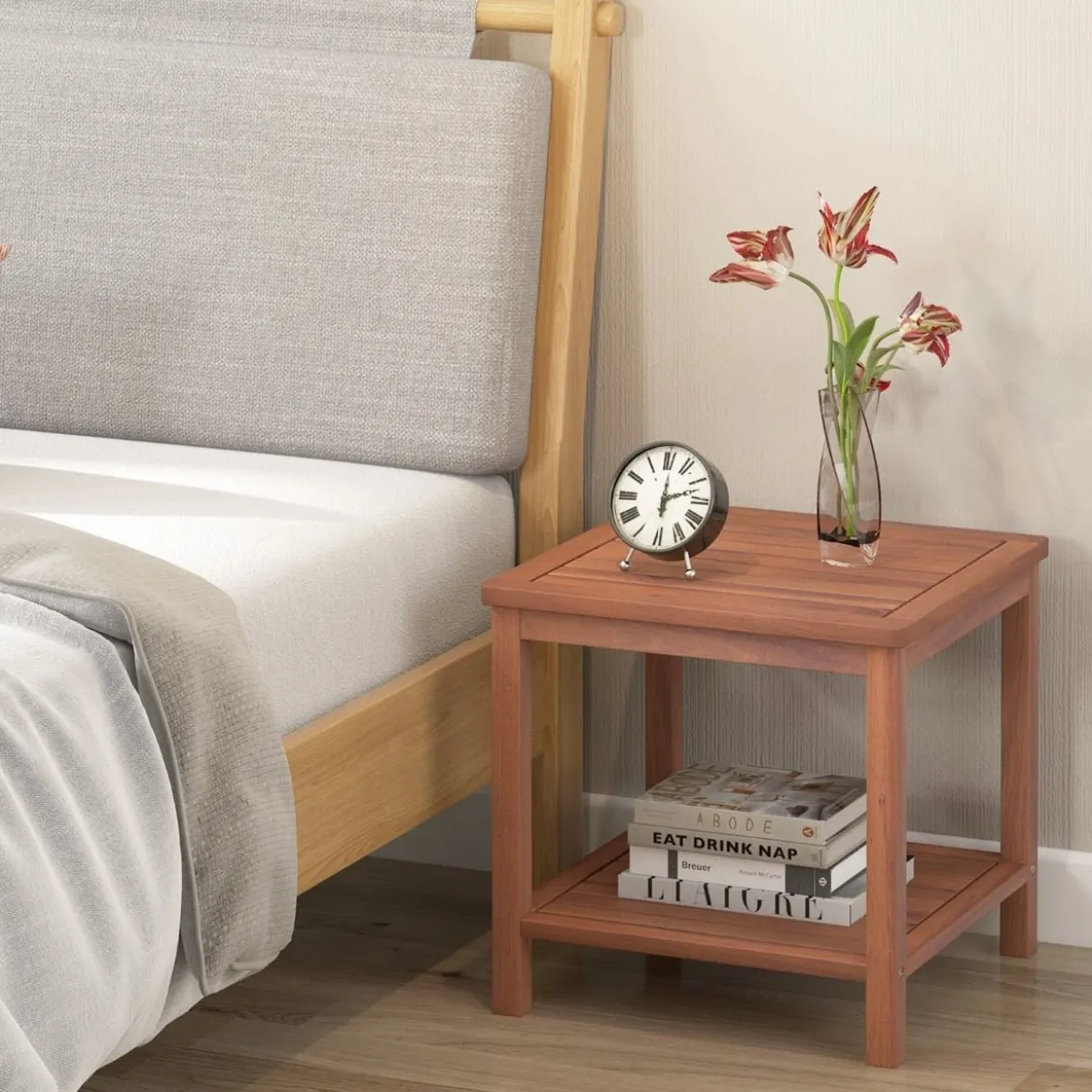 Tragbarer Rechteckiger Beistelltisch mit Lamellen-Tischplatte Holzbeistelltisch 45 x 45 x 45 cm
