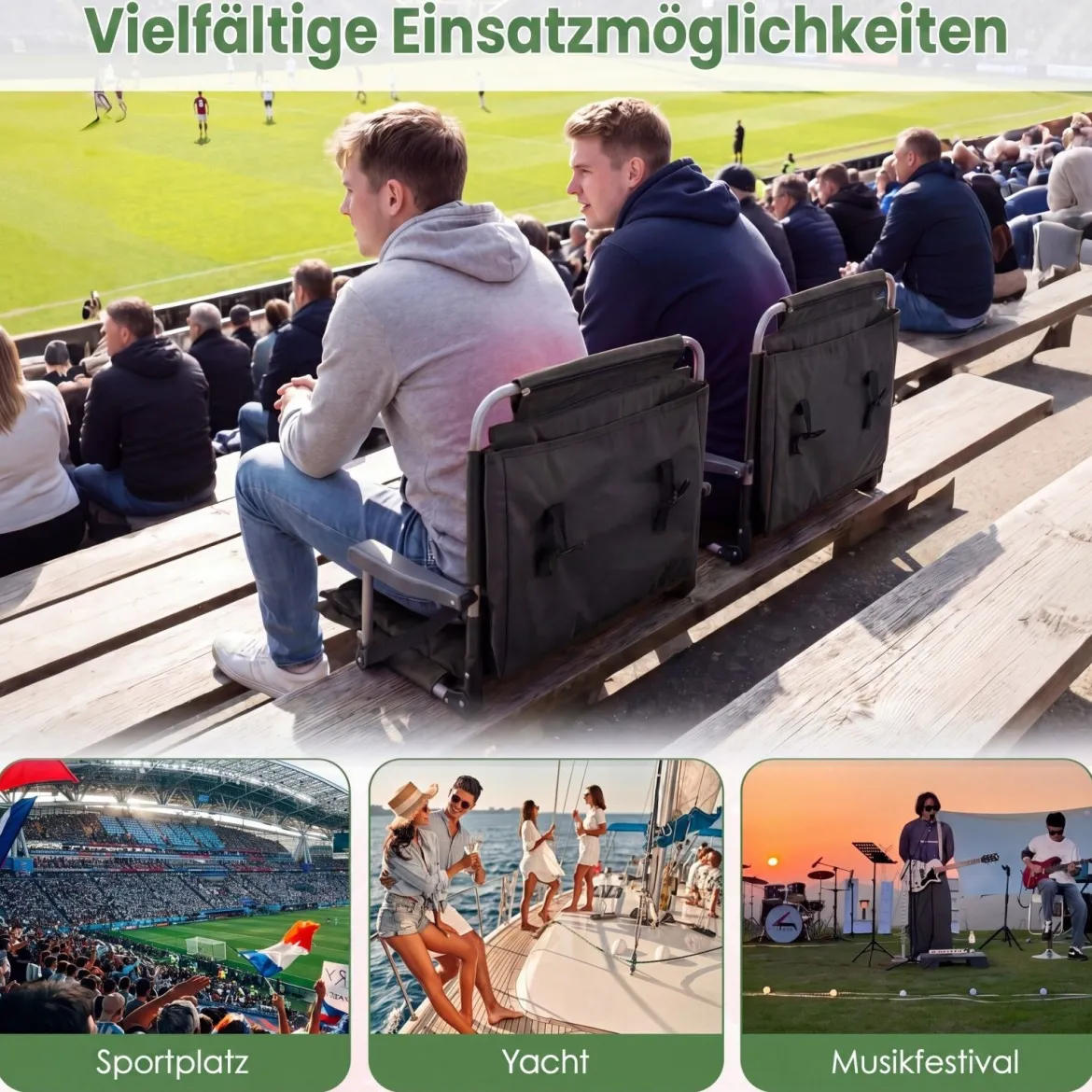 Tragbarer Stadionsitz mit Rückenlehne Klappbarer Tribünenstuhl mit Schultergurt Schwarz