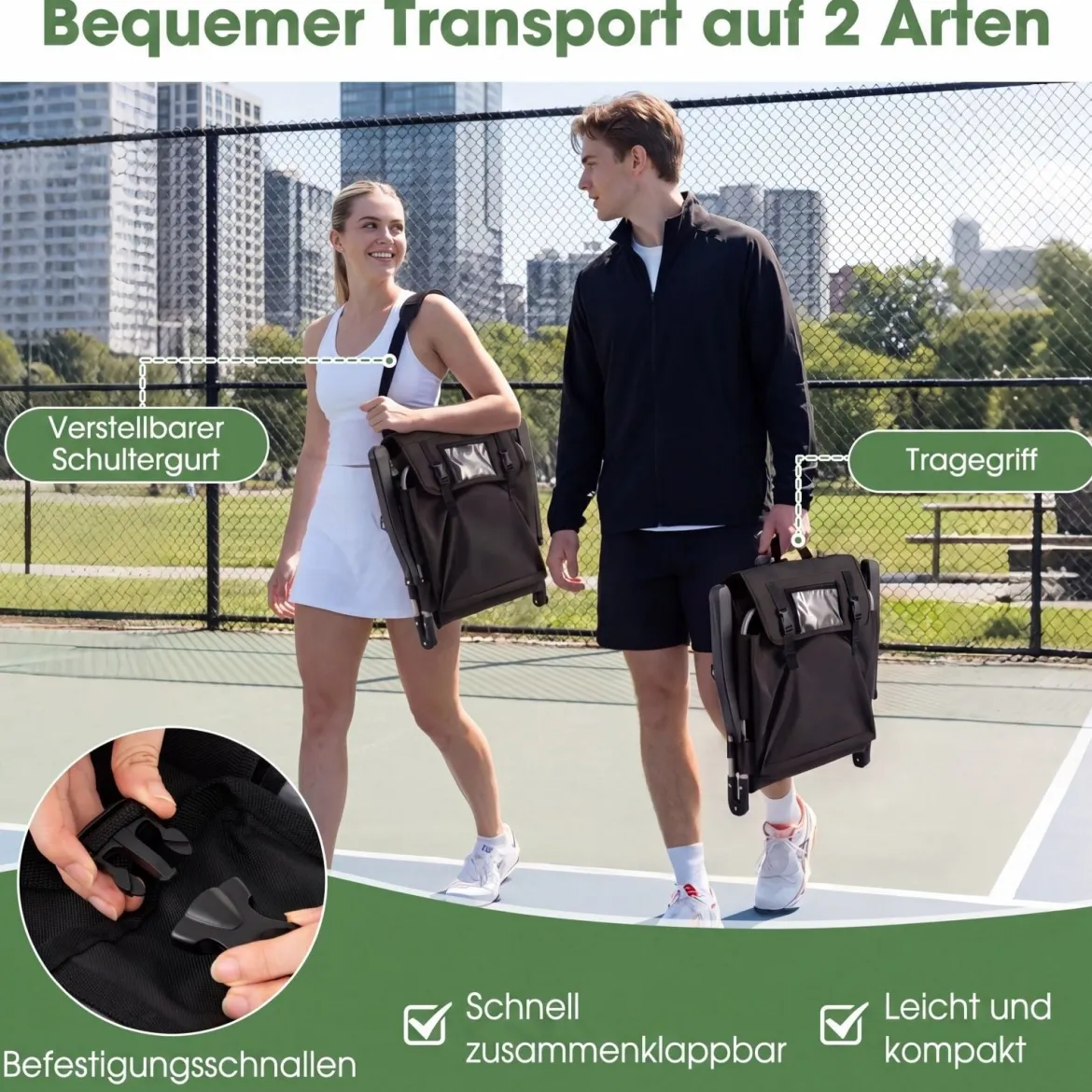 Tragbarer Stadionsitz mit Rückenlehne Klappbarer Tribünenstuhl mit Schultergurt Schwarz