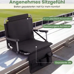 Tragbarer Stadionsitz mit Rückenlehne Klappbarer Tribünenstuhl mit Schultergurt Schwarz