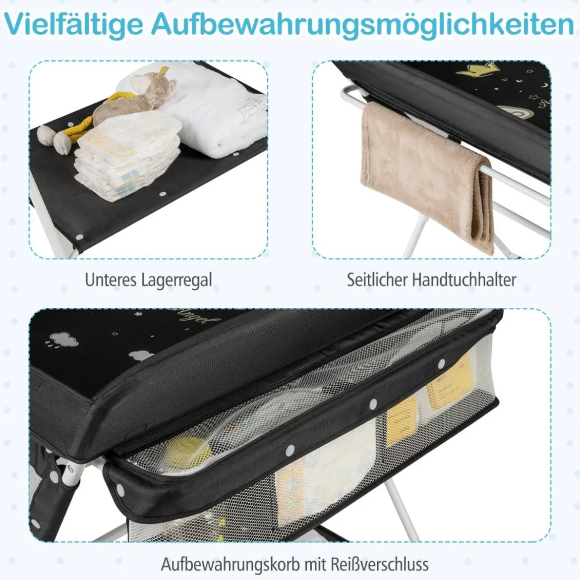 Tragbarer Wickeltisch klappbare Wickelstation mit 3-fach verstellbarer Höhe 81 x 66,5 x 95-101 cm Schwarz