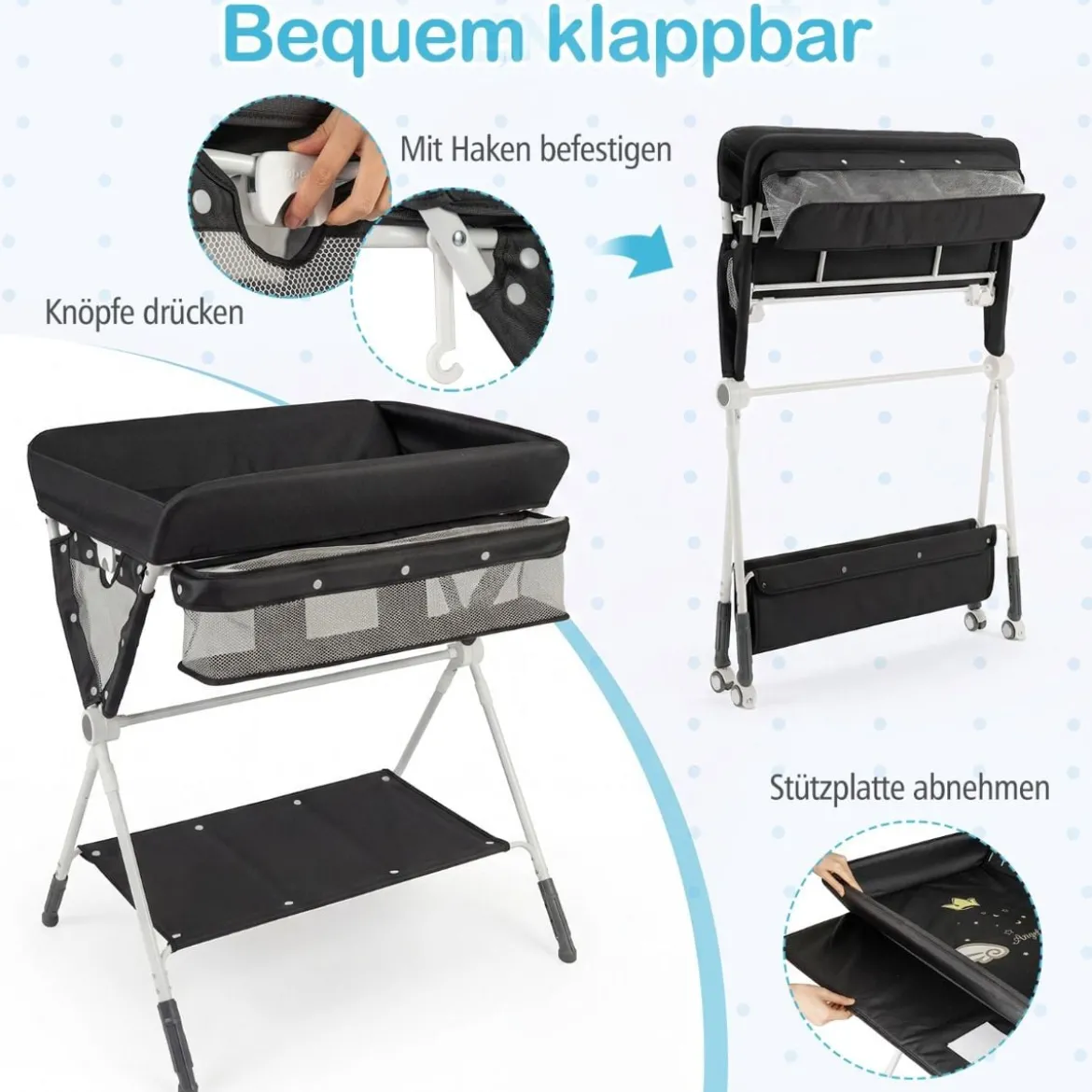 Tragbarer Wickeltisch klappbare Wickelstation mit 3-fach verstellbarer Höhe 81 x 66,5 x 95-101 cm Schwarz