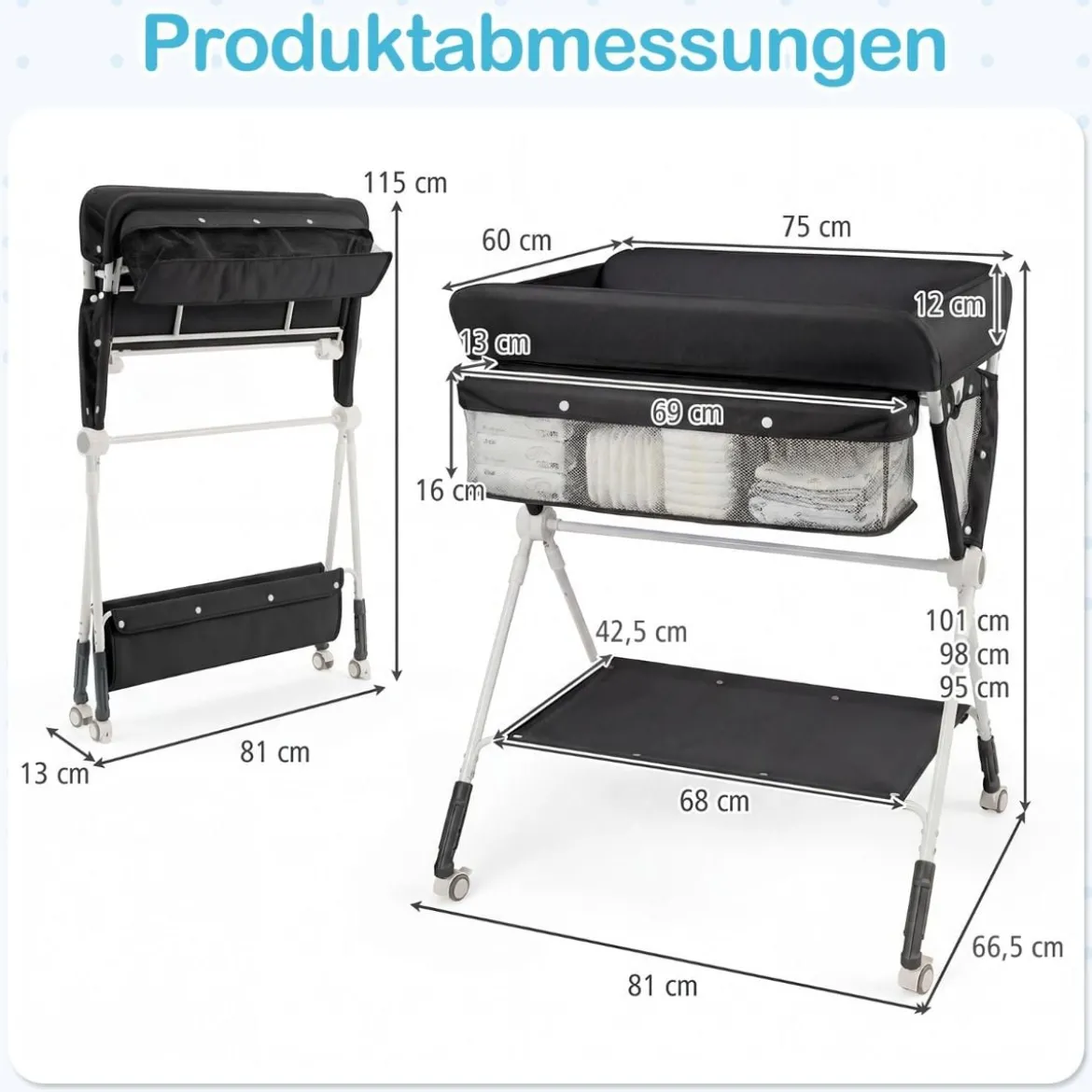 Tragbarer Wickeltisch klappbare Wickelstation mit 3-fach verstellbarer Höhe 81 x 66,5 x 95-101 cm Schwarz