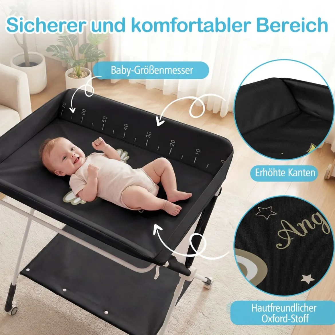 Tragbarer Wickeltisch klappbare Wickelstation mit 3-fach verstellbarer Höhe 81 x 66,5 x 95-101 cm Schwarz