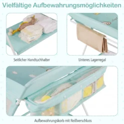 Tragbarer Wickeltisch klappbare Wickelstation mit 3-fach verstellbarer Höhe & feststellbaren Rollen Grün