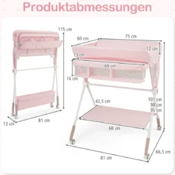 Tragbarer Wickeltisch klappbare Wickelstation mit 3-fach verstellbarer Höhe & feststellbaren Rollen Rosa