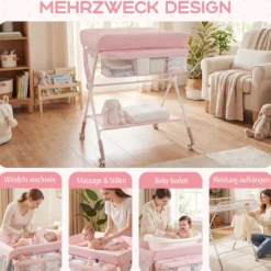 Tragbarer Wickeltisch klappbare Wickelstation mit 3-fach verstellbarer Höhe & feststellbaren Rollen Rosa