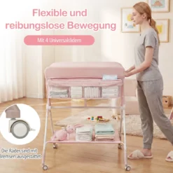 Tragbarer Wickeltisch klappbare Wickelstation mit 3-fach verstellbarer Höhe & feststellbaren Rollen Rosa