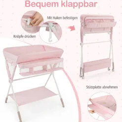 Tragbarer Wickeltisch klappbare Wickelstation mit 3-fach verstellbarer Höhe & feststellbaren Rollen Rosa