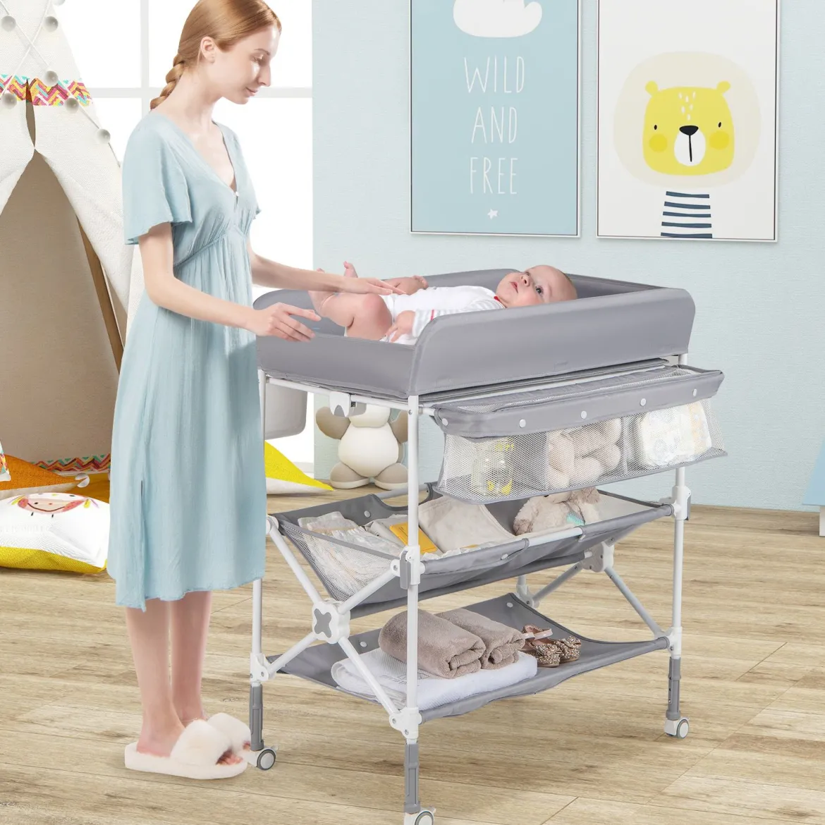 Tragbarer Wickeltisch mit Rollen Faltbare Wickelkommode mit Höhenverstellbarer Wickelauflage Grau