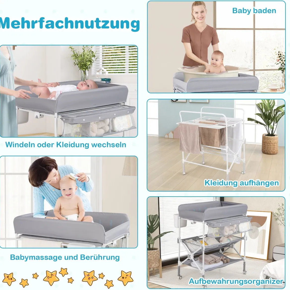 Tragbarer Wickeltisch mit Rollen Faltbare Wickelkommode mit Höhenverstellbarer Wickelauflage Grau