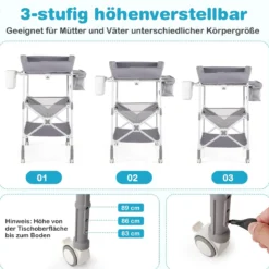 Tragbarer Wickeltisch mit Rollen Faltbare Wickelkommode mit Höhenverstellbarer Wickelauflage Grau