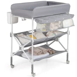 Tragbarer Wickeltisch mit Rollen Faltbare Wickelkommode mit Höhenverstellbarer Wickelauflage Grau