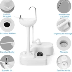 Tragbares Camping-Waschbecken mit 17L Wassertank & Rädern & Handtuchhalter & Fußpumpe