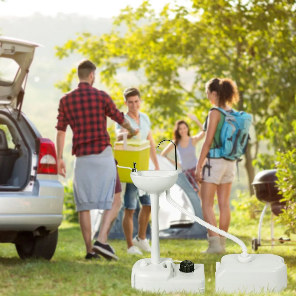 Tragbares Camping-Waschbecken mit 17L Wassertank & Rädern & Handtuchhalter & Fußpumpe