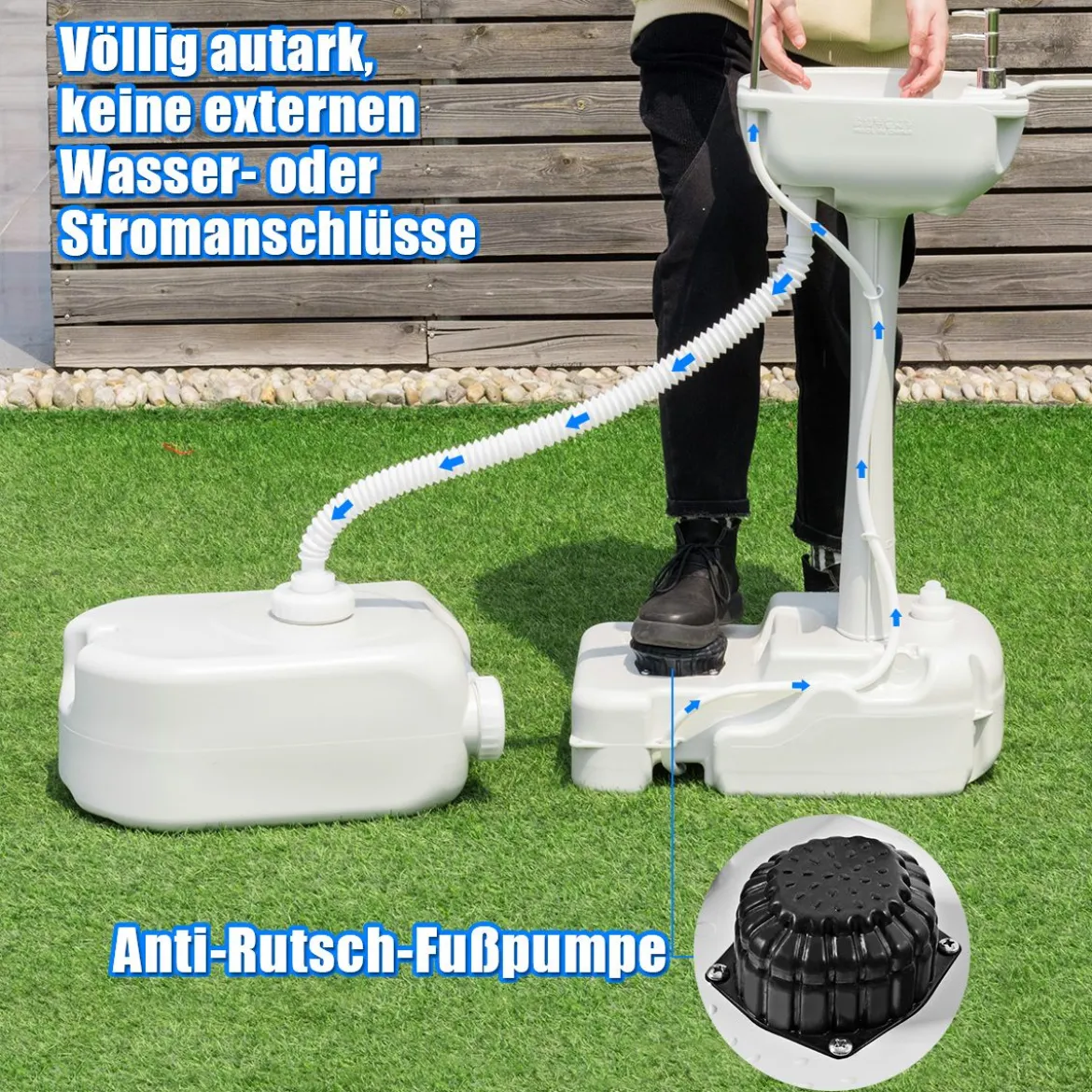 Tragbares Camping-Waschbecken mit 17L Wassertank & Rädern & Handtuchhalter & Fußpumpe