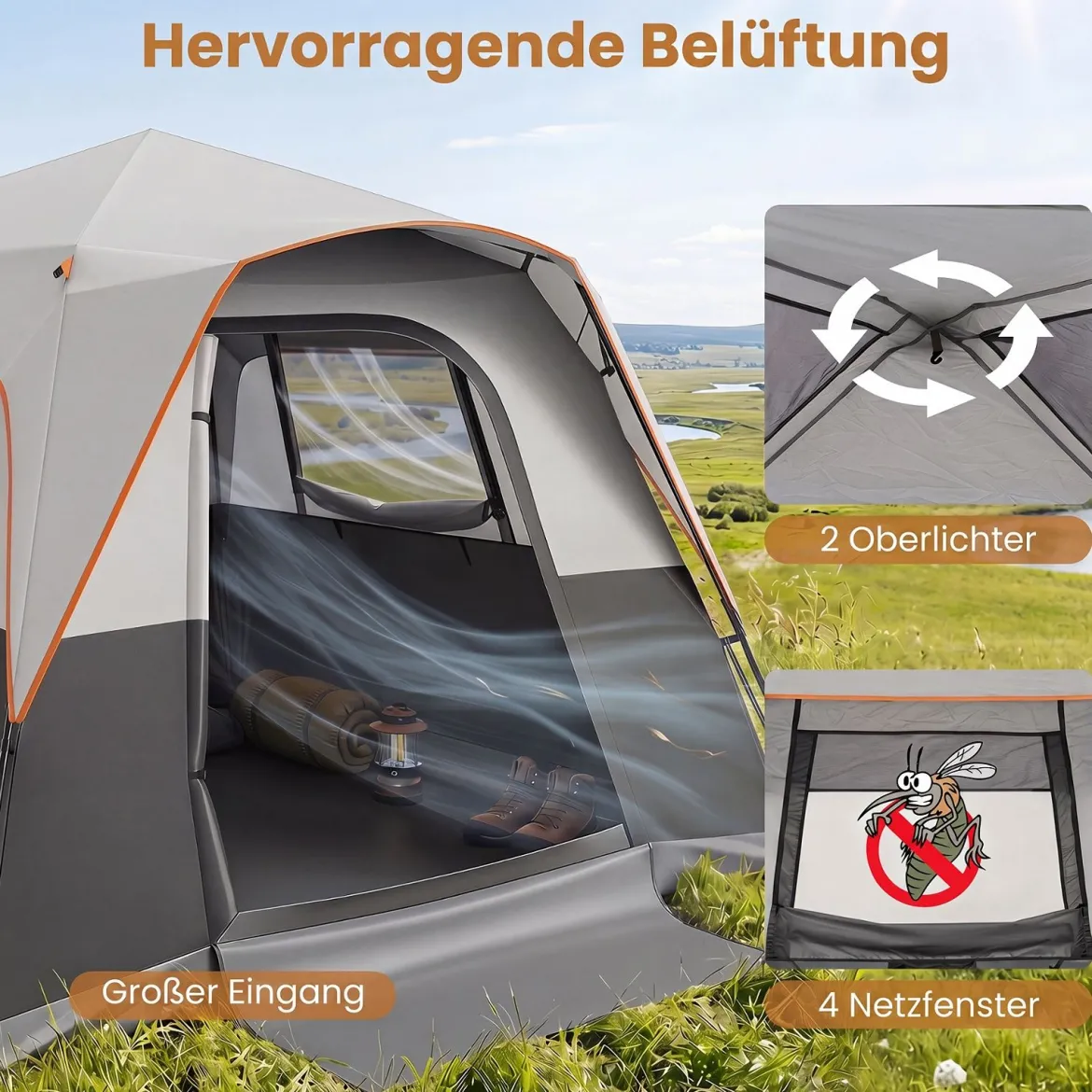 Tragbares Campingzelt für 6 Personen mit Sonnenschutz Wasserfestes Pop-up Zelt mit Tragetasche Grau