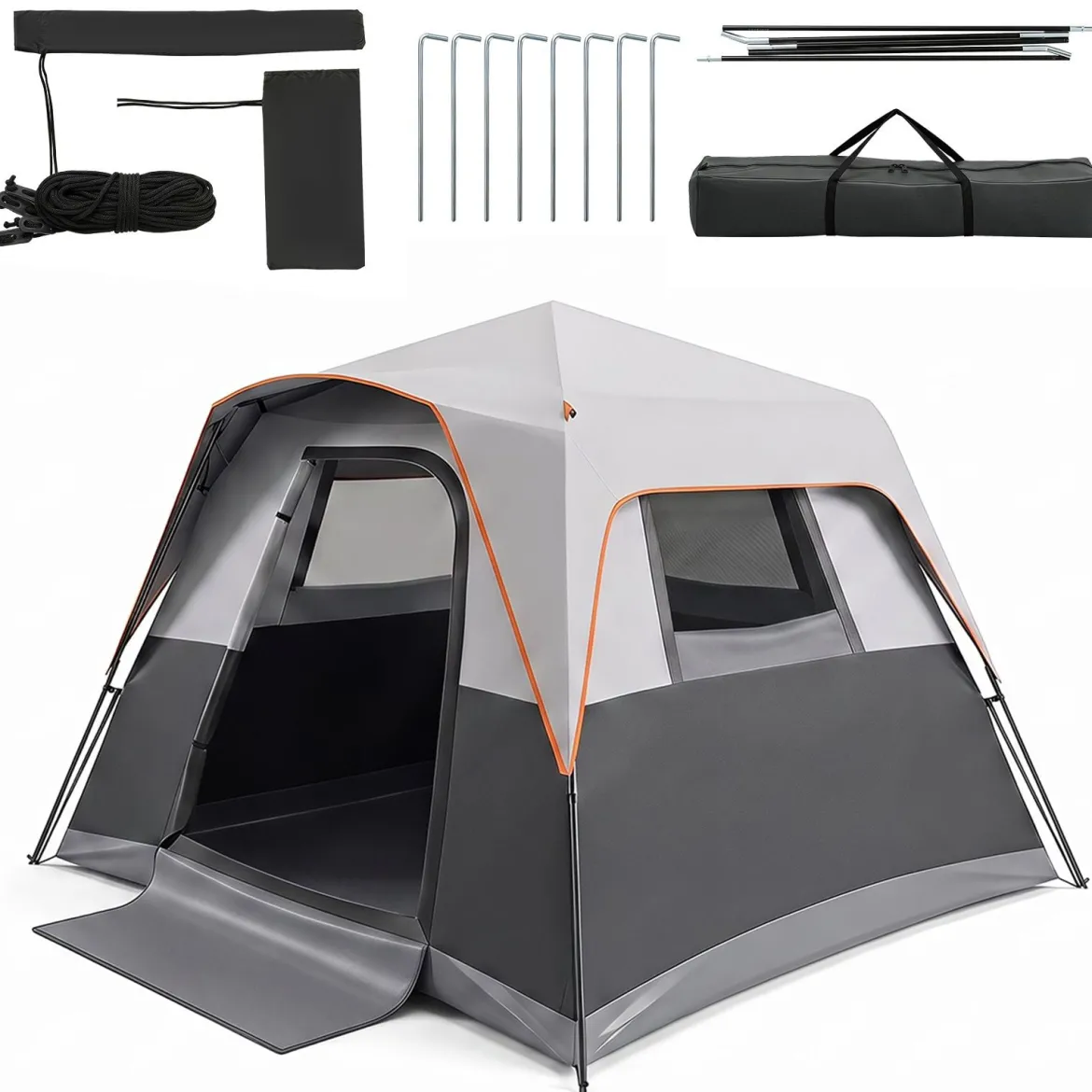Tragbares Campingzelt für 6 Personen mit Sonnenschutz Wasserfestes Pop-up Zelt mit Tragetasche Grau