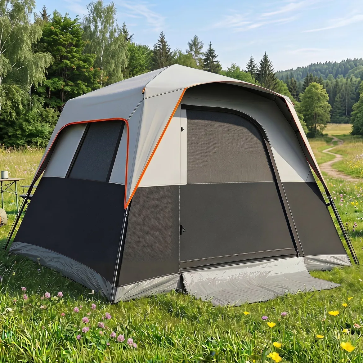 Tragbares Campingzelt für 6 Personen mit Sonnenschutz Wasserfestes Pop-up Zelt mit Tragetasche Grau