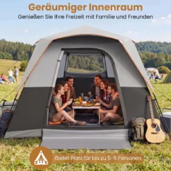 Tragbares Campingzelt für 6 Personen mit Sonnenschutz Wasserfestes Pop-up Zelt mit Tragetasche Grau