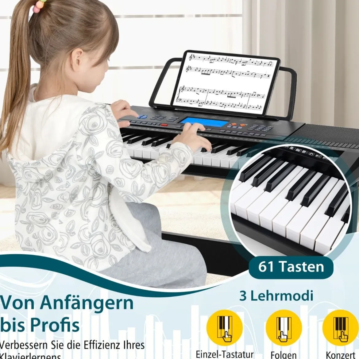Tragbares elektronisches Keyboard mit 61 Tasten & Ständer & Hocker & Mikrofon Digitalpiano
