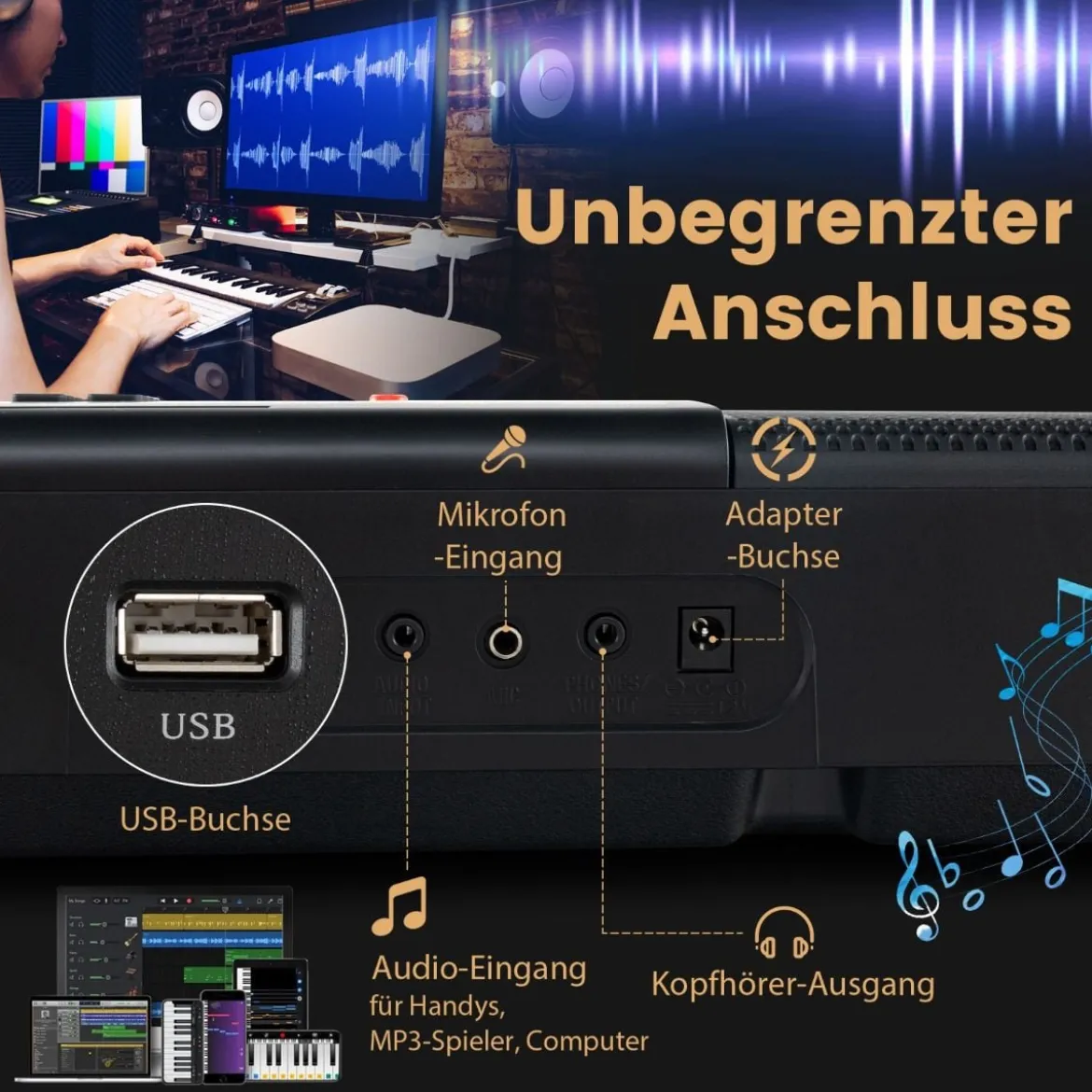 Tragbares Elektronisches Keyboard mit 61 Tasten & Ständer & Hocker Komplettes Digitalpiano