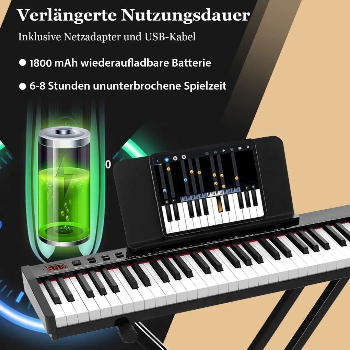 Tragbares Elektronisches Keyboard mit 61 Tasten & Ständer & Hocker Elektroklavier Digitale Keyboard