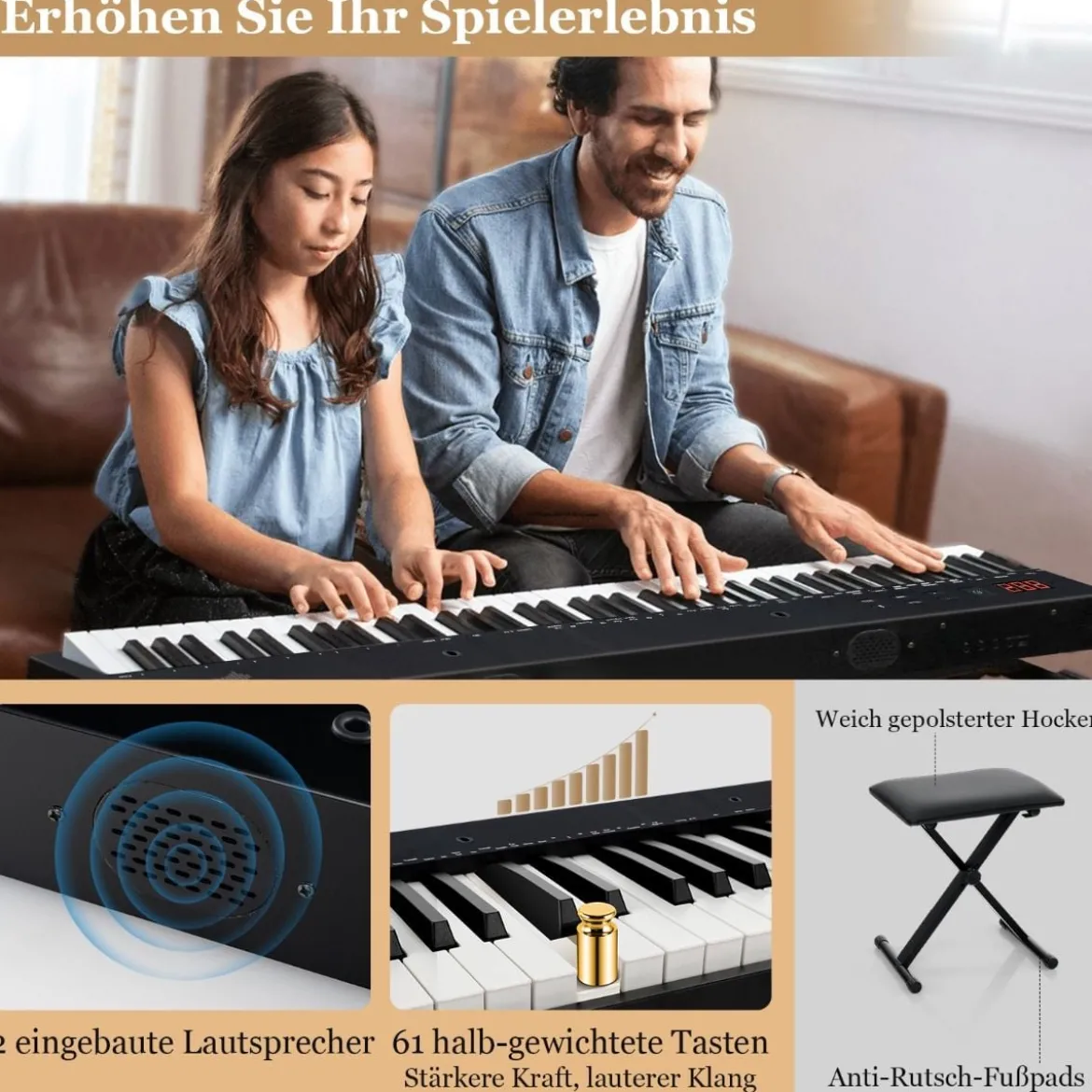 Tragbares Elektronisches Keyboard mit 61 Tasten & Ständer & Hocker Elektroklavier Digitale Keyboard