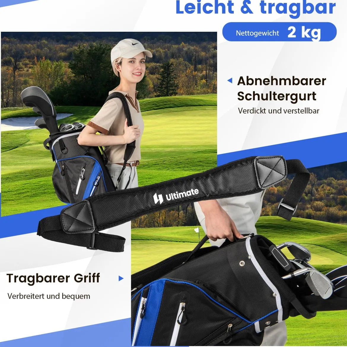 Tragbares Golf Cart Bag mit 14 er Unterteilung & Regenhaube Golfbag Leichte Golftasche Blau