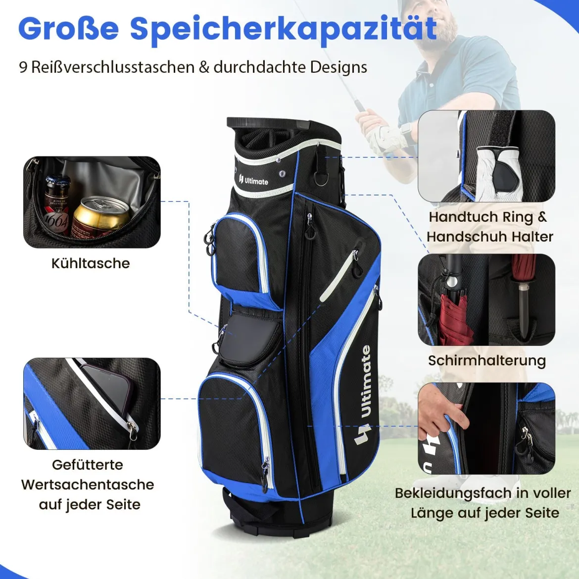Tragbares Golf Cart Bag mit 14 er Unterteilung & Regenhaube Golfbag Leichte Golftasche Blau