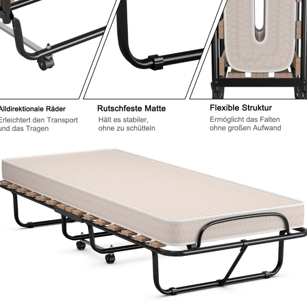Tragbares Gästebett auf Rollen mit Memory Schaum Matratze 80 x 190 x 33 cm Hellbeige hergestellt in Italien Herkunft: Italien