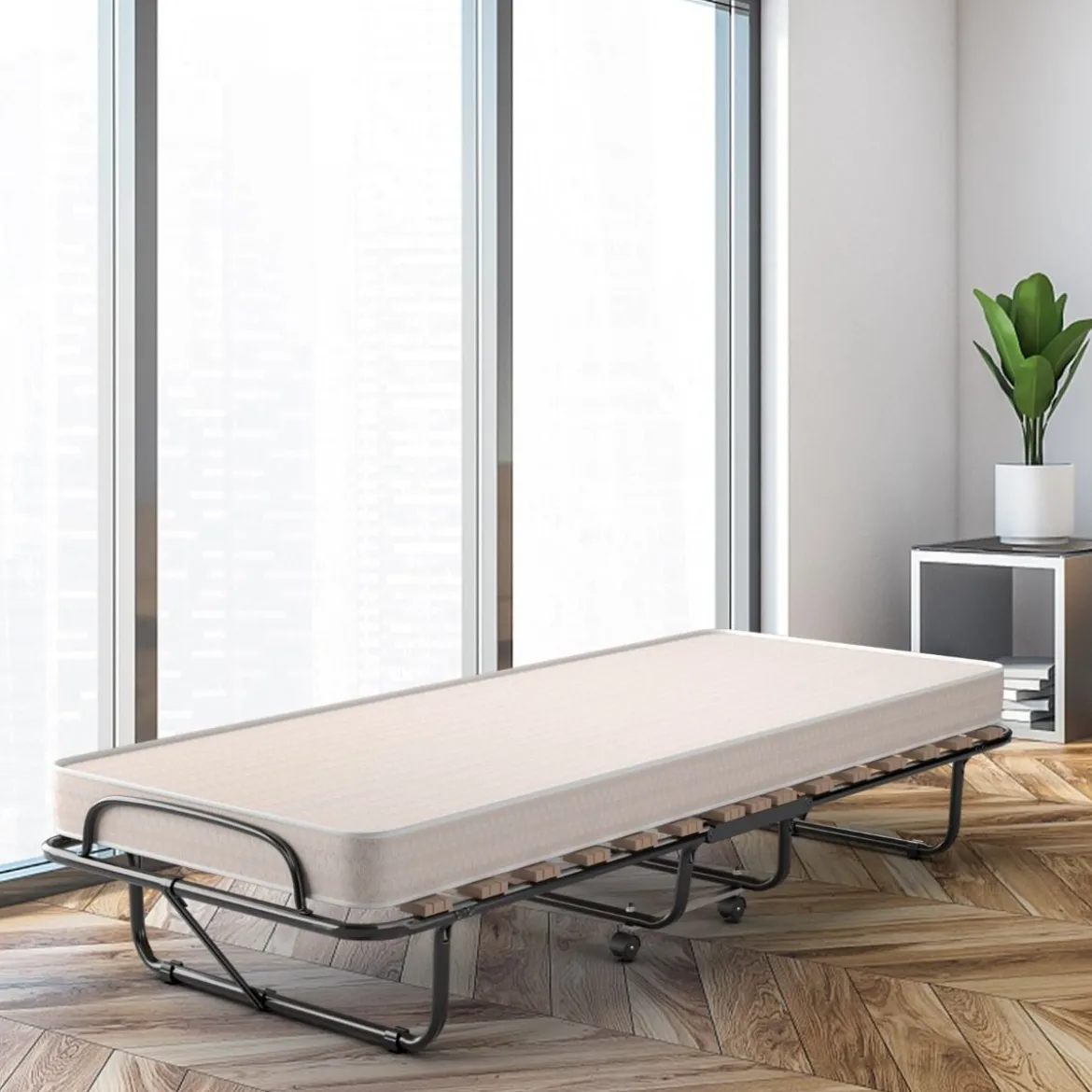 Tragbares Gästebett auf Rollen mit Memory Schaum Matratze 80 x 190 x 33 cm Hellbeige hergestellt in Italien Herkunft: Italien