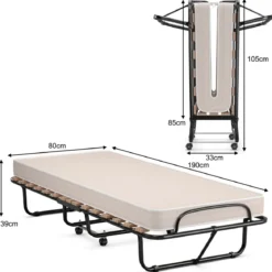 Tragbares Gästebett auf Rollen mit Memory Schaum Matratze 80 x 190 x 33 cm Hellbeige hergestellt in Italien Herkunft: Italien