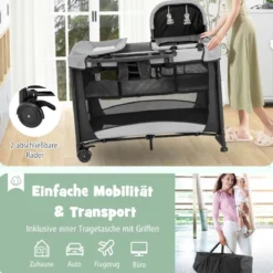 Tragbares 5-in-1-Babybett mit Reisebett & Wiege & Laufstall & Wickeltisch Schwarz + Grau