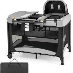 Tragbares 5-in-1-Babybett mit Reisebett & Wiege & Laufstall & Wickeltisch Schwarz + Grau