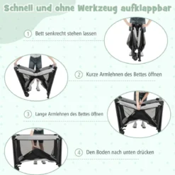 Tragbares 5-in-1-Babybett mit Reisebett & Wiege & Laufstall & Wickeltisch Schwarz + Grau